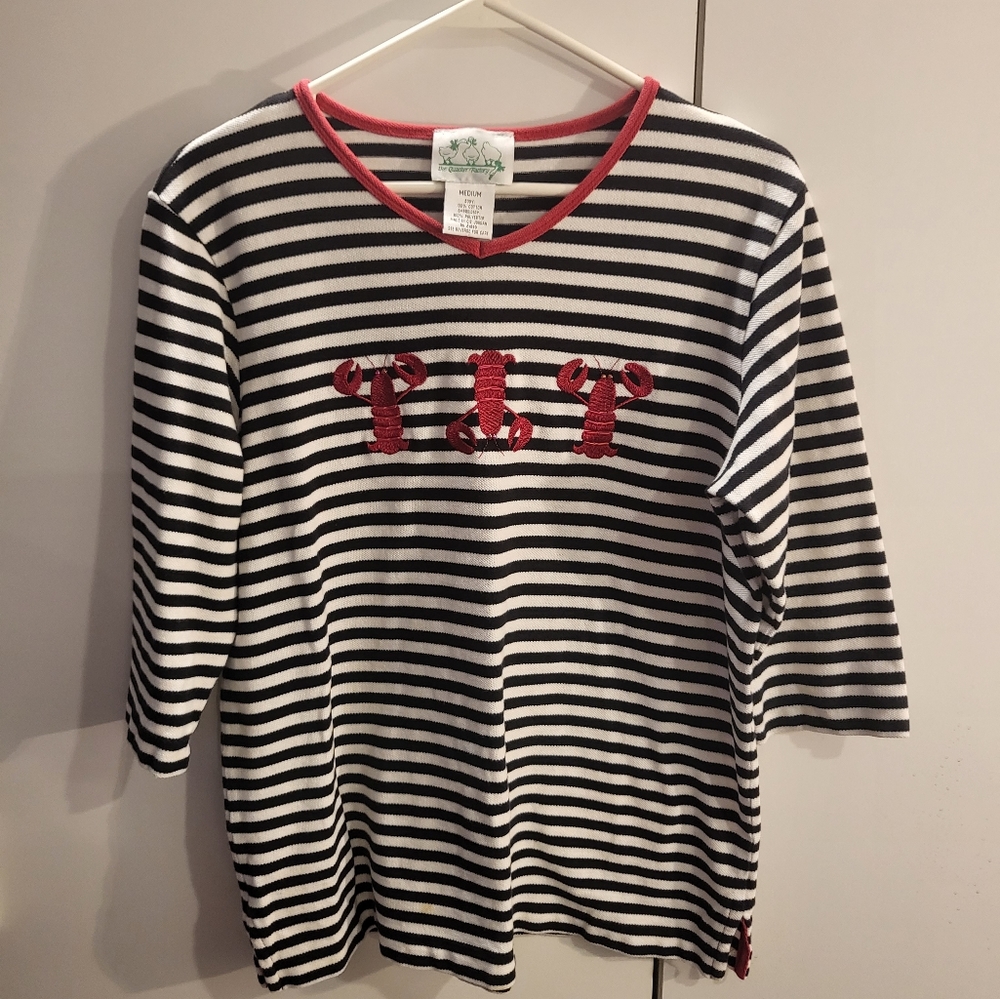 The Quaker Factory Womans Medium Black/White Striped Lobster Shirt